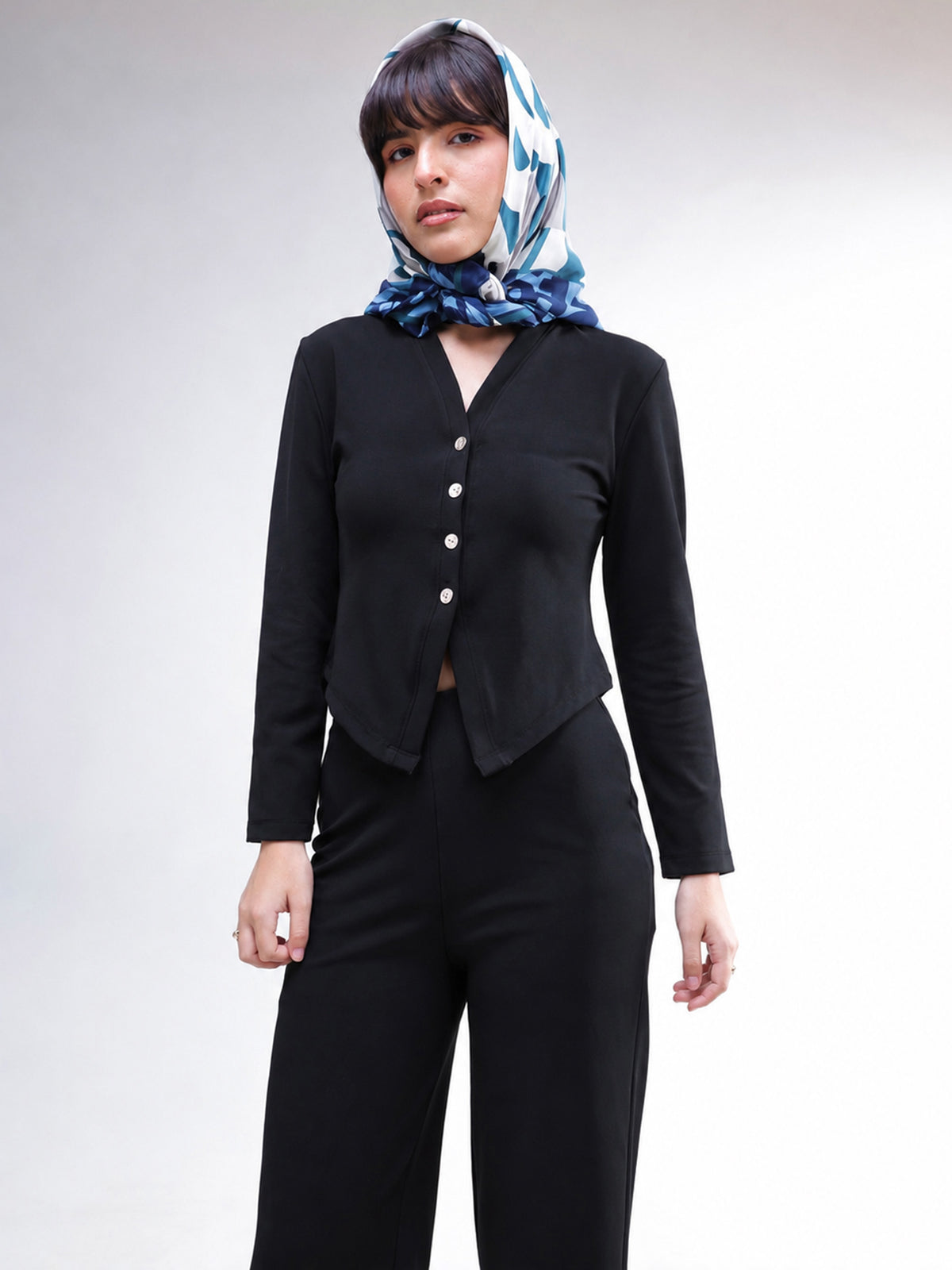 Black Button Down Full Sleeve Top with Track Pants-SASSAFRAS