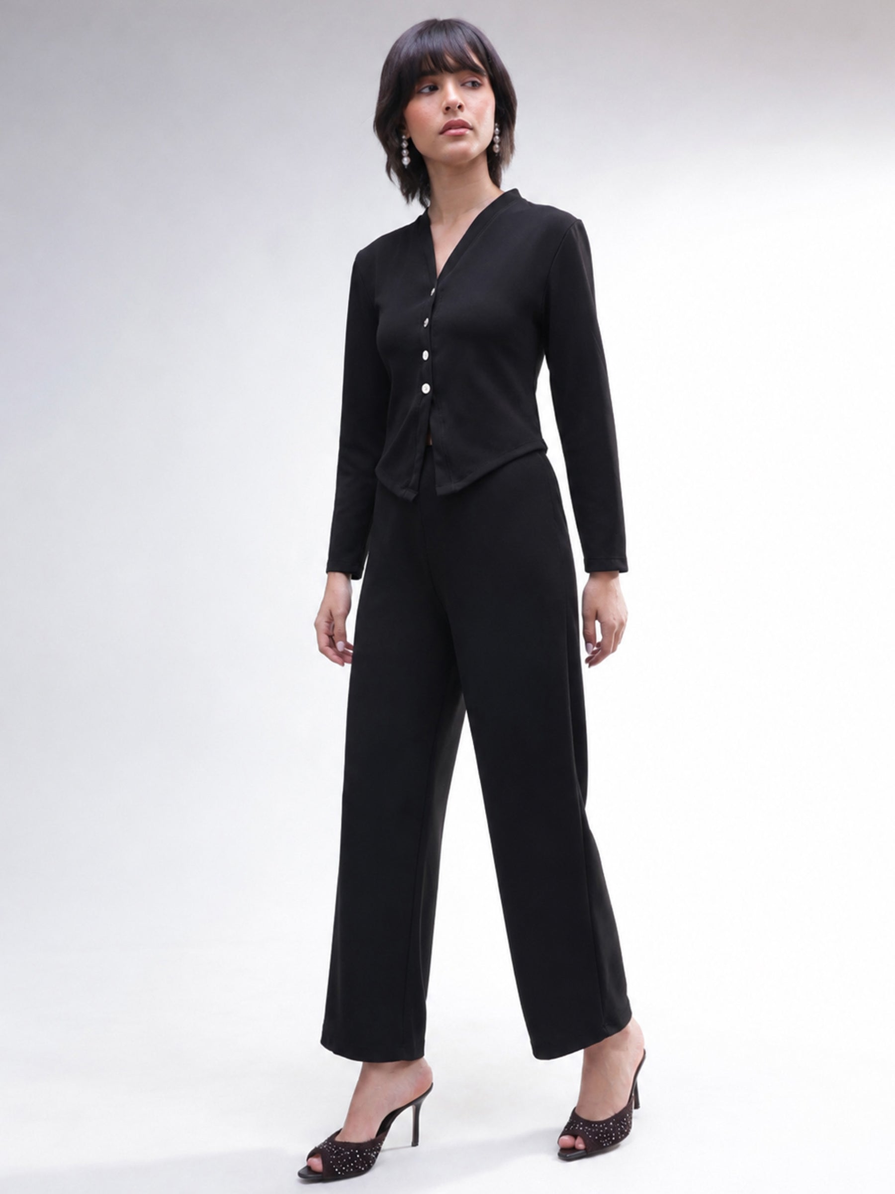Black Button Down Full Sleeve Top with Track Pants-SASSAFRAS