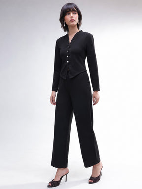 Black Button Down Full Sleeve Top with Track Pants-SASSAFRAS