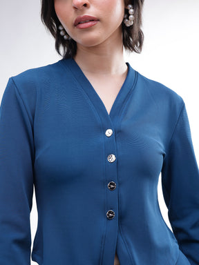 Navy Button Down Full Sleeve Top With Track Pants -SASSAFRAS