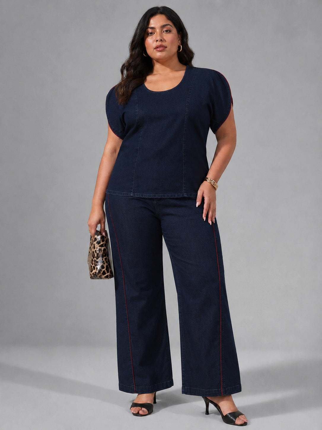 Navy Wash Denim Top With Flared Jeans-SASSAFRAS Curve