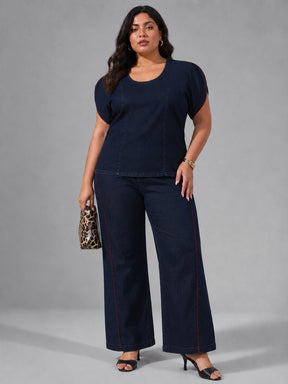 Navy Wash Denim Top With Flared Jeans-SASSAFRAS Curve
