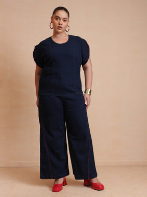 Navy Wash Denim Top With Flared Jeans-SASSAFRAS Curve