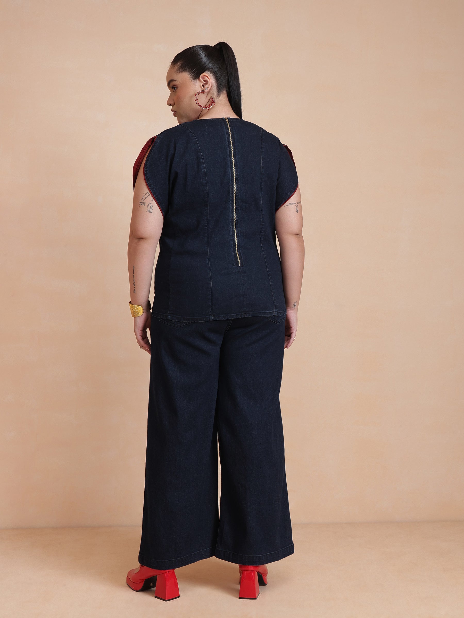 Women Navy Wash Denim Top With Flared Jeans