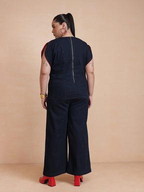 Women Navy Wash Denim Top With Flared Jeans