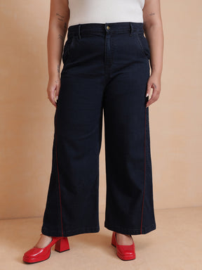 Women Navy Wash Denim Top With Flared Jeans