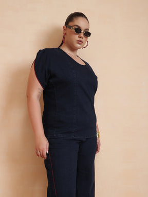 Women Navy Wash Denim Top With Flared Jeans