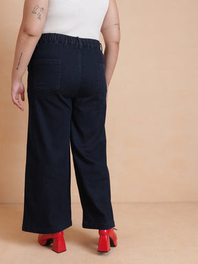 Women Navy Wash Denim Top With Flared Jeans