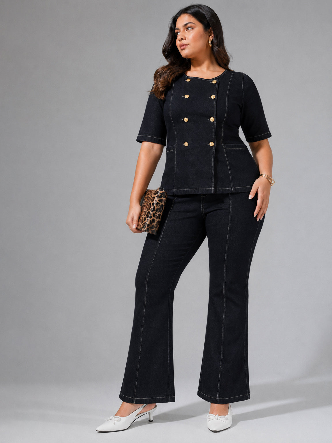 Black Front Button Top With Bell Bottom Jeans-SASSAFRAS Curve
