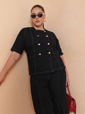 Black Front Button Top With Bell Bottom Jeans-SASSAFRAS Curve