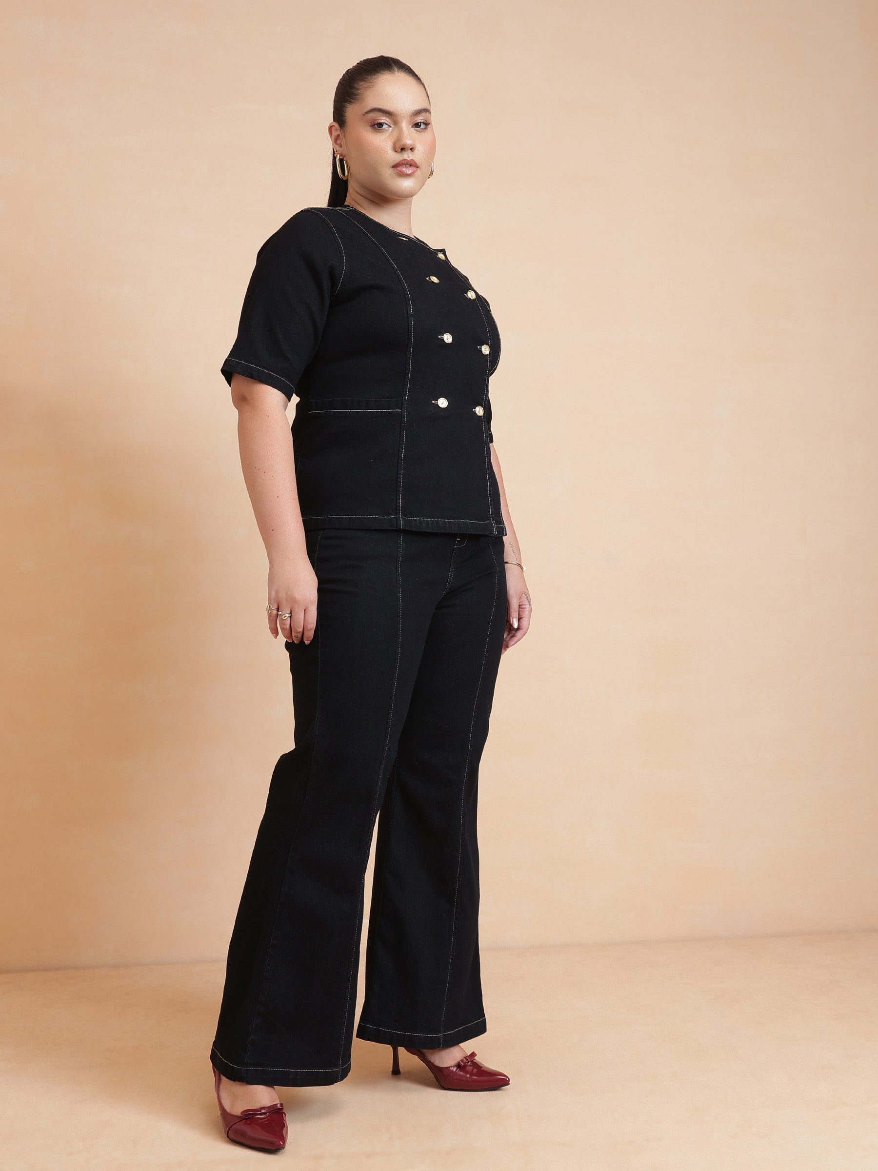Black Front Button Top With Bell Bottom Jeans-SASSAFRAS Curve
