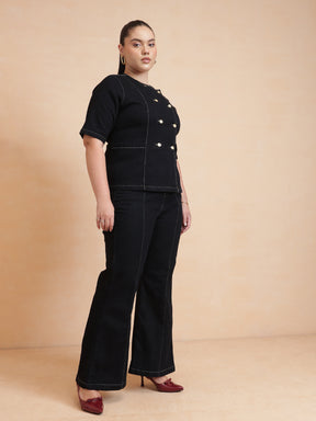 Black Front Button Top With Bell Bottom Jeans-SASSAFRAS Curve