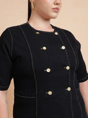 Black Front Button Top With Bell Bottom Jeans-SASSAFRAS Curve