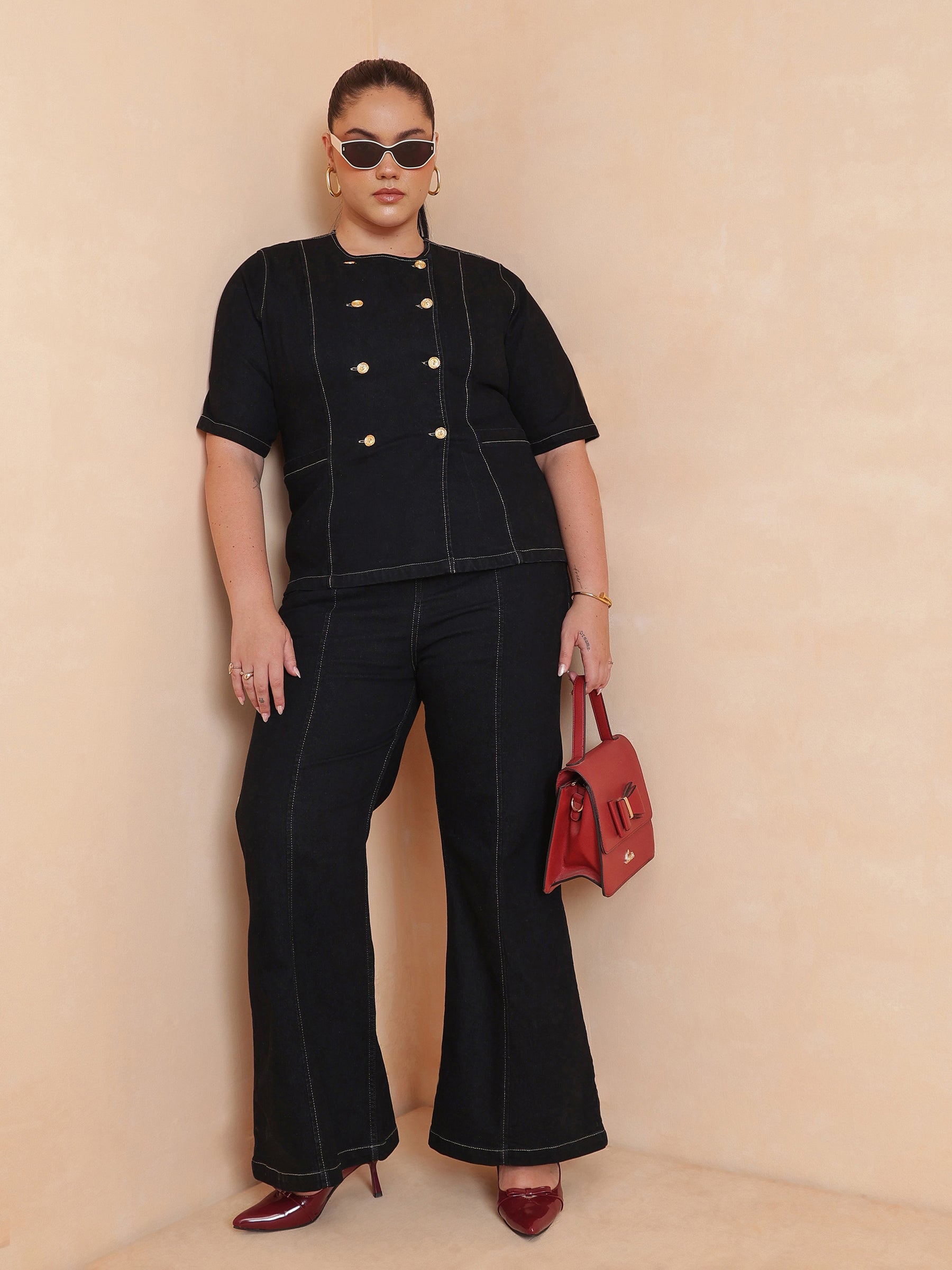 Black Front Button Top With Bell Bottom Jeans-SASSAFRAS Curve