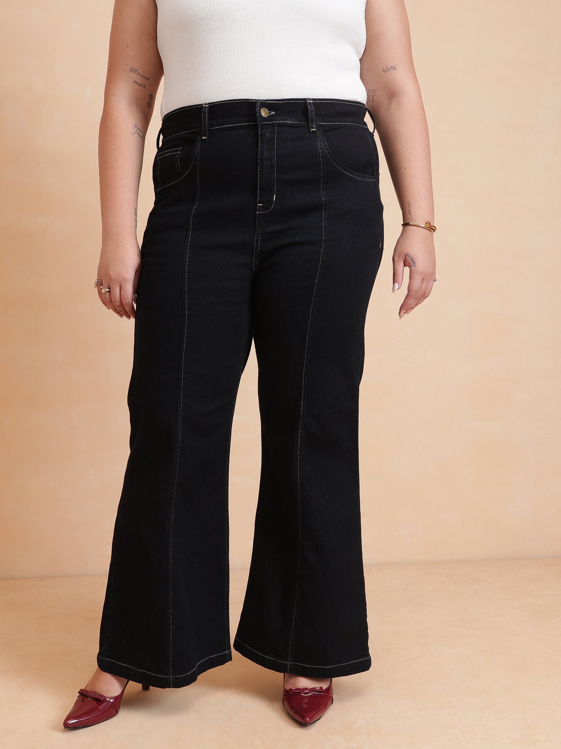 Women Black Front Button Top With Bell Bottom Jeans