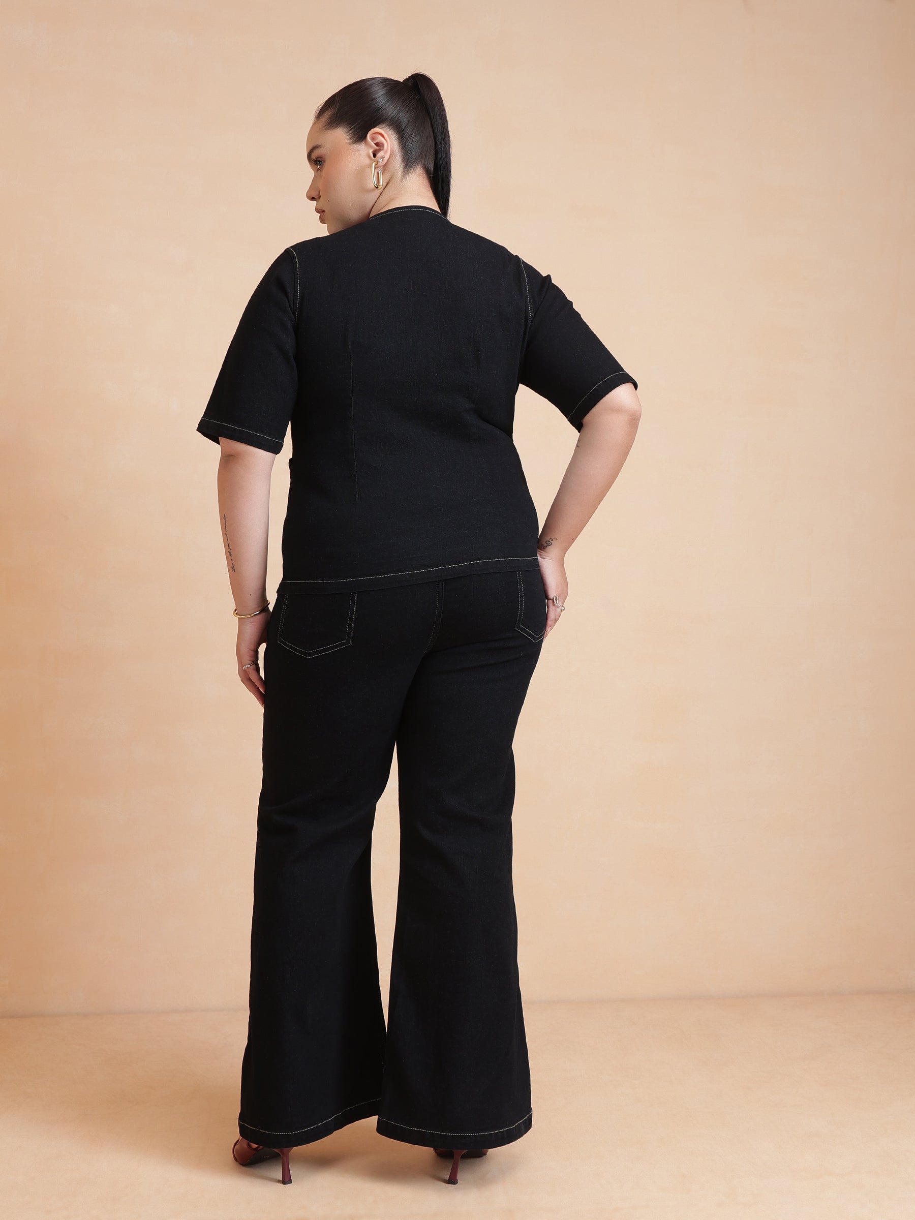 Women Black Front Button Top With Bell Bottom Jeans