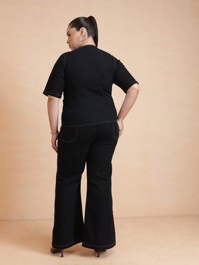 Women Black Front Button Top With Bell Bottom Jeans
