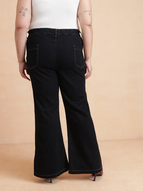 Women Black Front Button Top With Bell Bottom Jeans