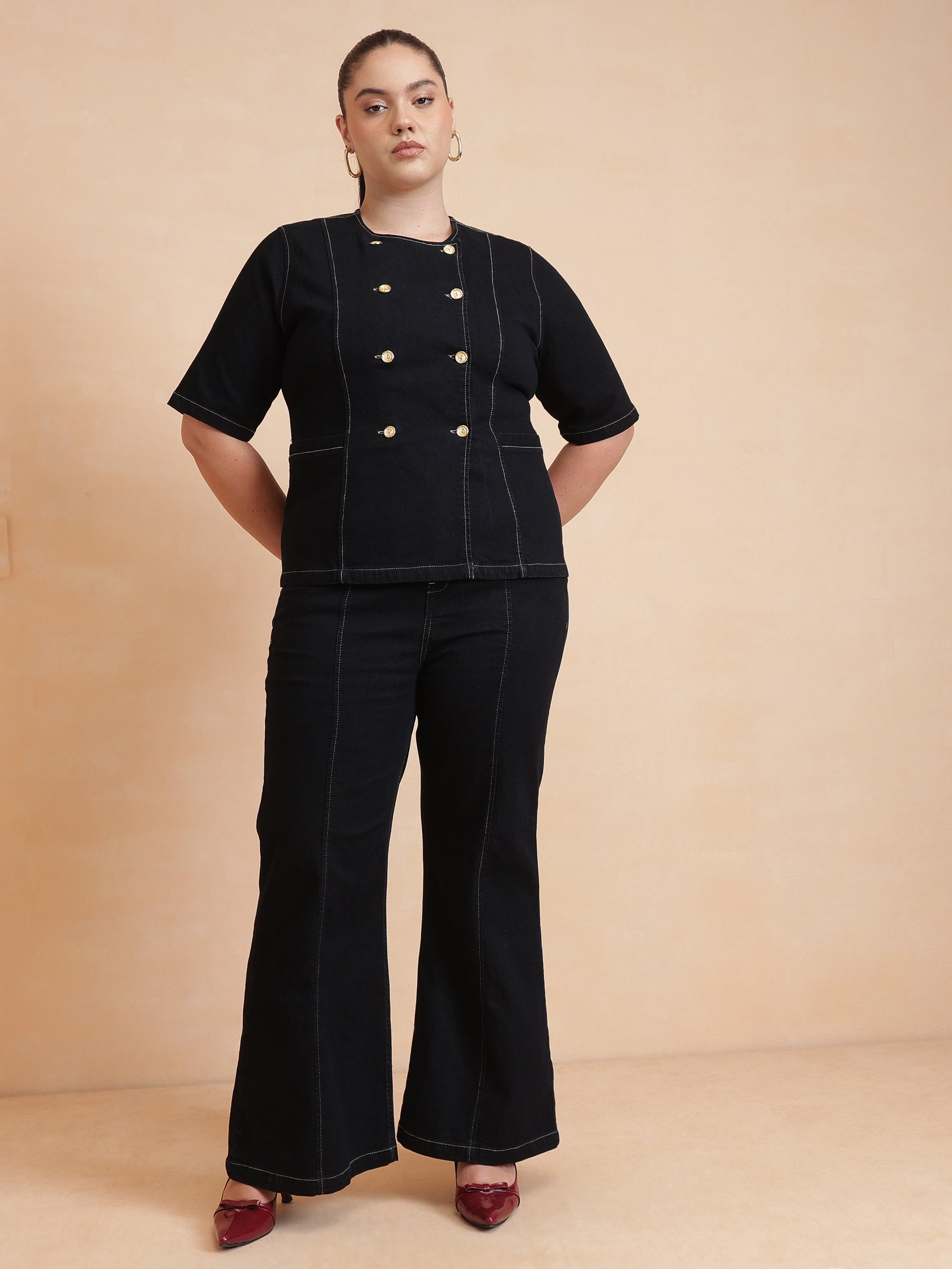 Women Black Front Button Top With Bell Bottom Jeans