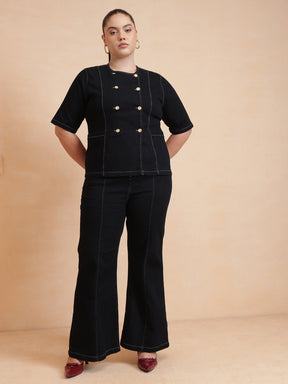 Women Black Front Button Top With Bell Bottom Jeans