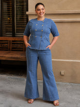 Blue Front Button Top With Bell Bottom Jeans-SASSAFRAS Curve