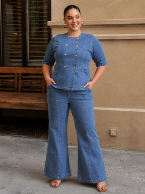 Blue Front Button Top With Bell Bottom Jeans-SASSAFRAS Curve