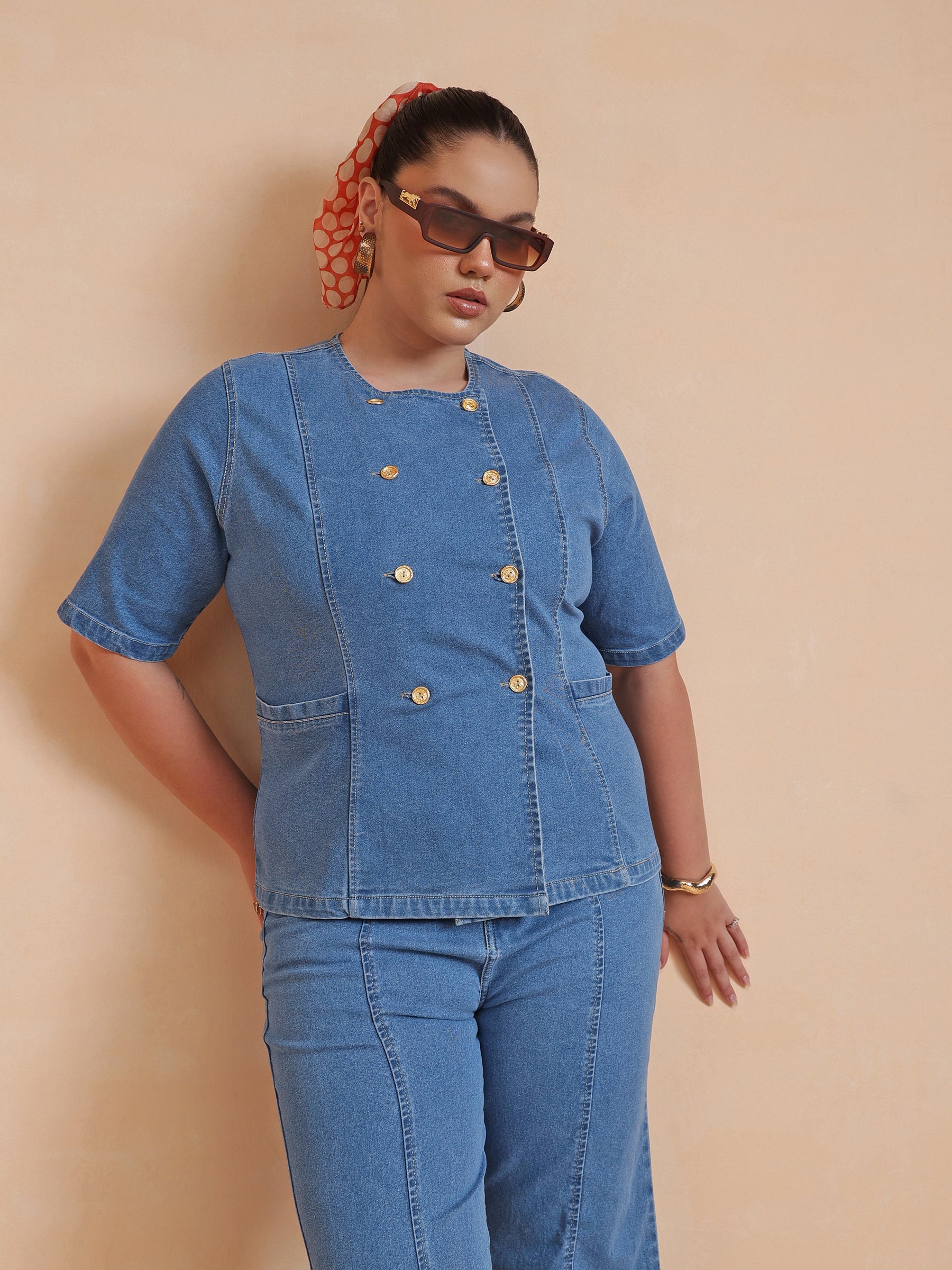 Blue Front Button Top With Bell Bottom Jeans-SASSAFRAS Curve