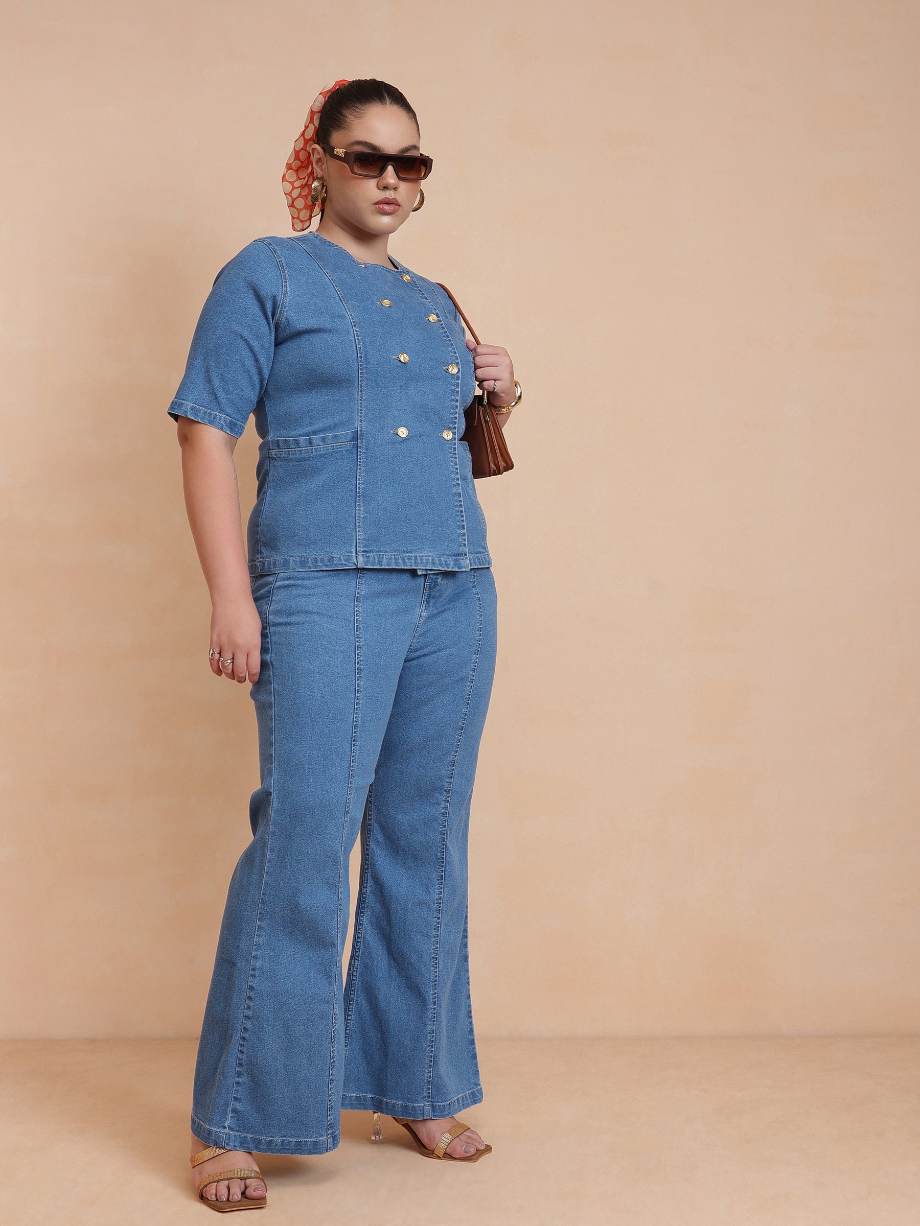 Blue Front Button Top With Bell Bottom Jeans-SASSAFRAS Curve