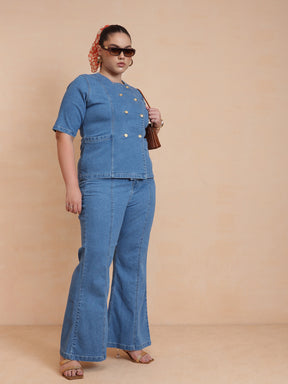 Blue Front Button Top With Bell Bottom Jeans-SASSAFRAS Curve