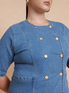 Blue Front Button Top With Bell Bottom Jeans-SASSAFRAS Curve