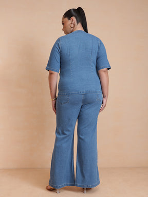 Women Blue Front Button Top With Bell Bottom Jeans