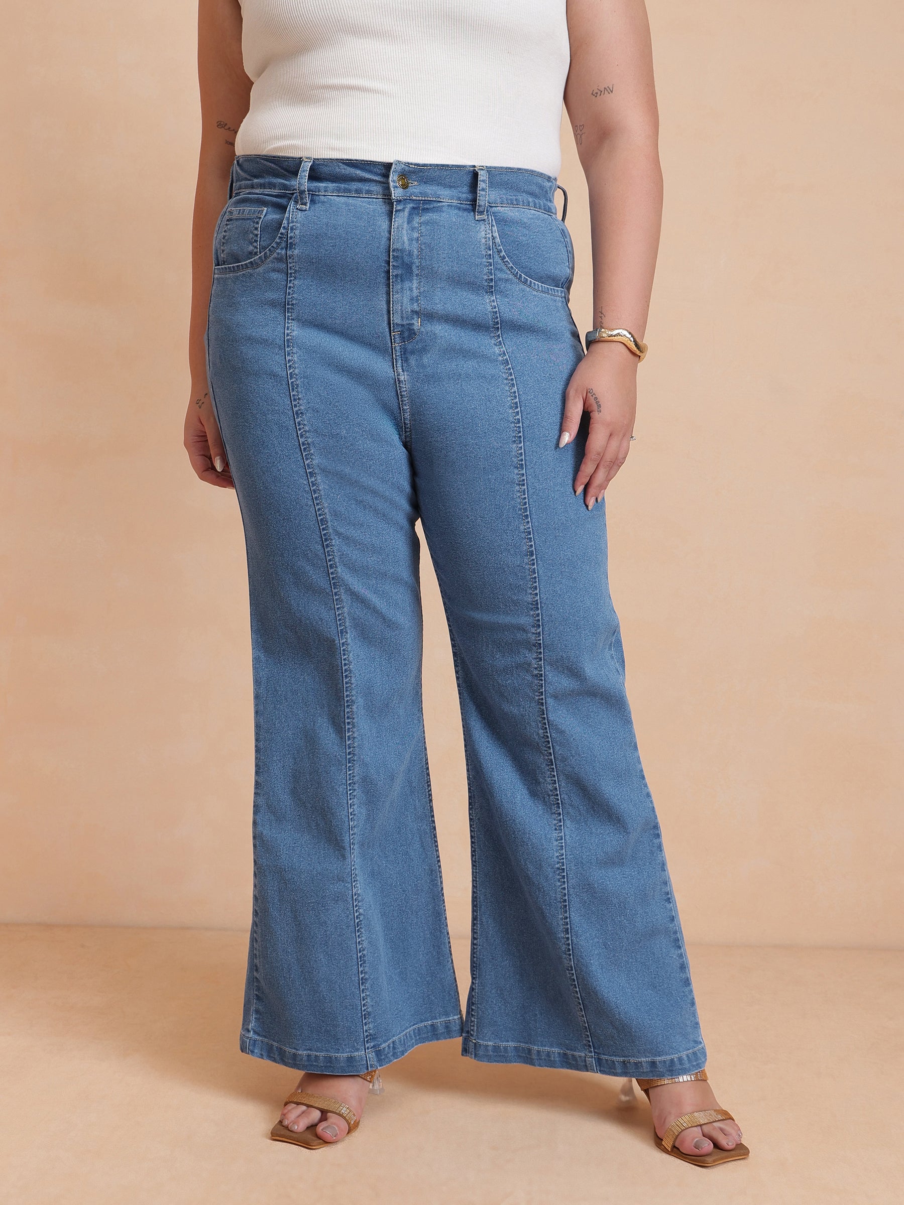 Women Blue Front Button Top With Bell Bottom Jeans