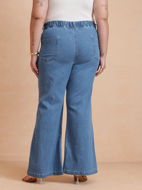 Women Blue Front Button Top With Bell Bottom Jeans