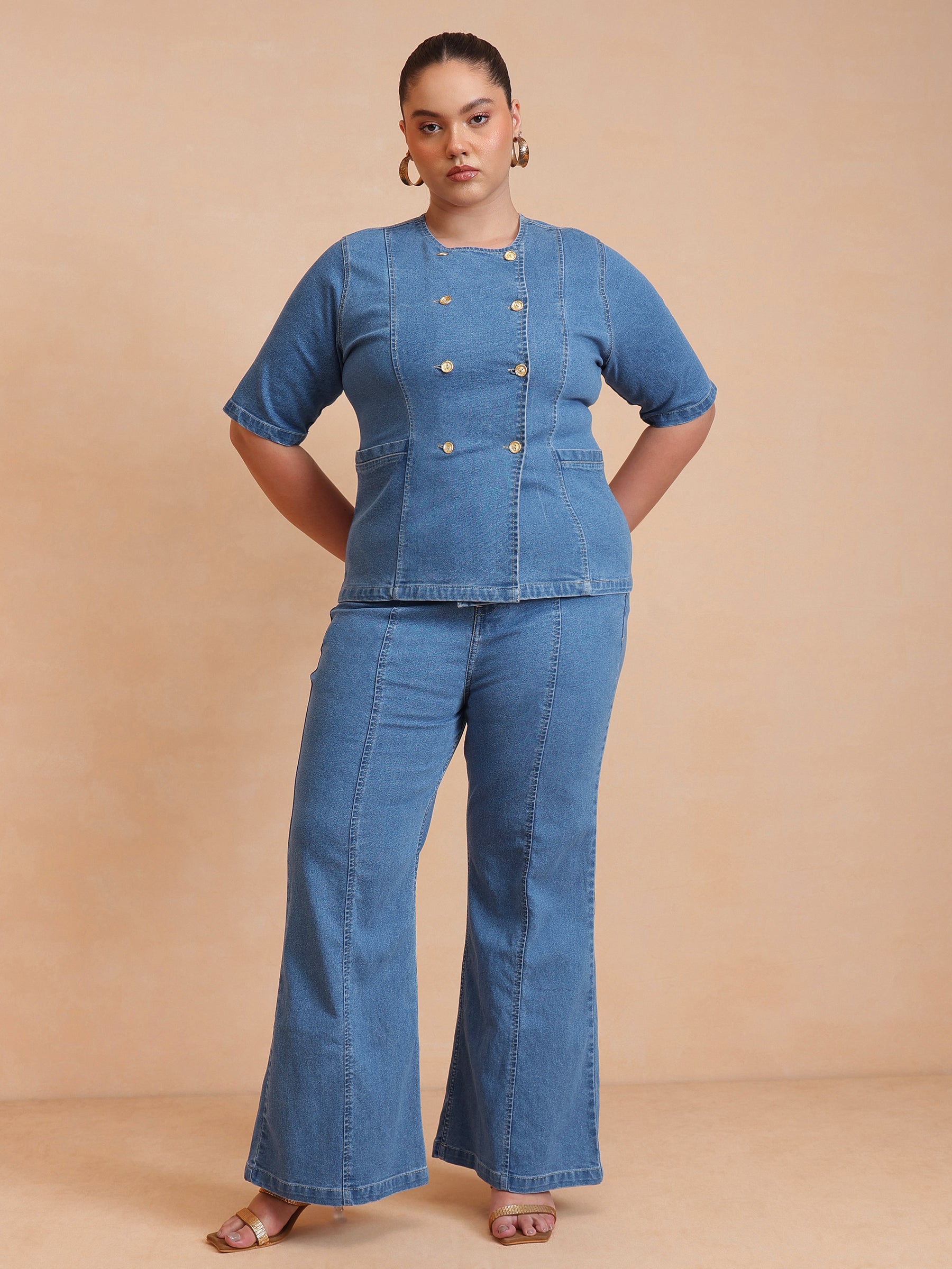 Women Blue Front Button Top With Bell Bottom Jeans