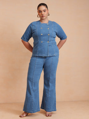 Women Blue Front Button Top With Bell Bottom Jeans