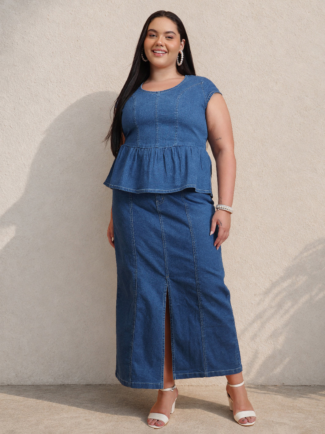 Blue Peplum Top With Denim Midi Skirt-SASSAFRAS Curve