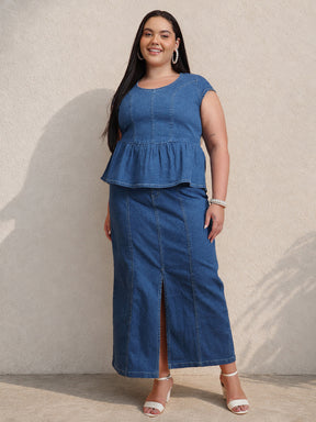 Blue Peplum Top With Denim Midi Skirt-SASSAFRAS Curve