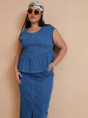 Blue Peplum Top With Denim Midi Skirt-SASSAFRAS Curve
