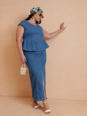 Blue Peplum Top With Denim Midi Skirt-SASSAFRAS Curve
