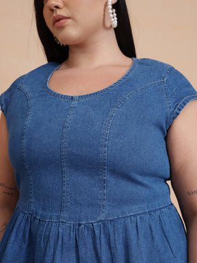 Blue Peplum Top With Denim Midi Skirt-SASSAFRAS Curve