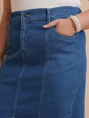 Blue Peplum Top With Denim Midi Skirt-SASSAFRAS Curve