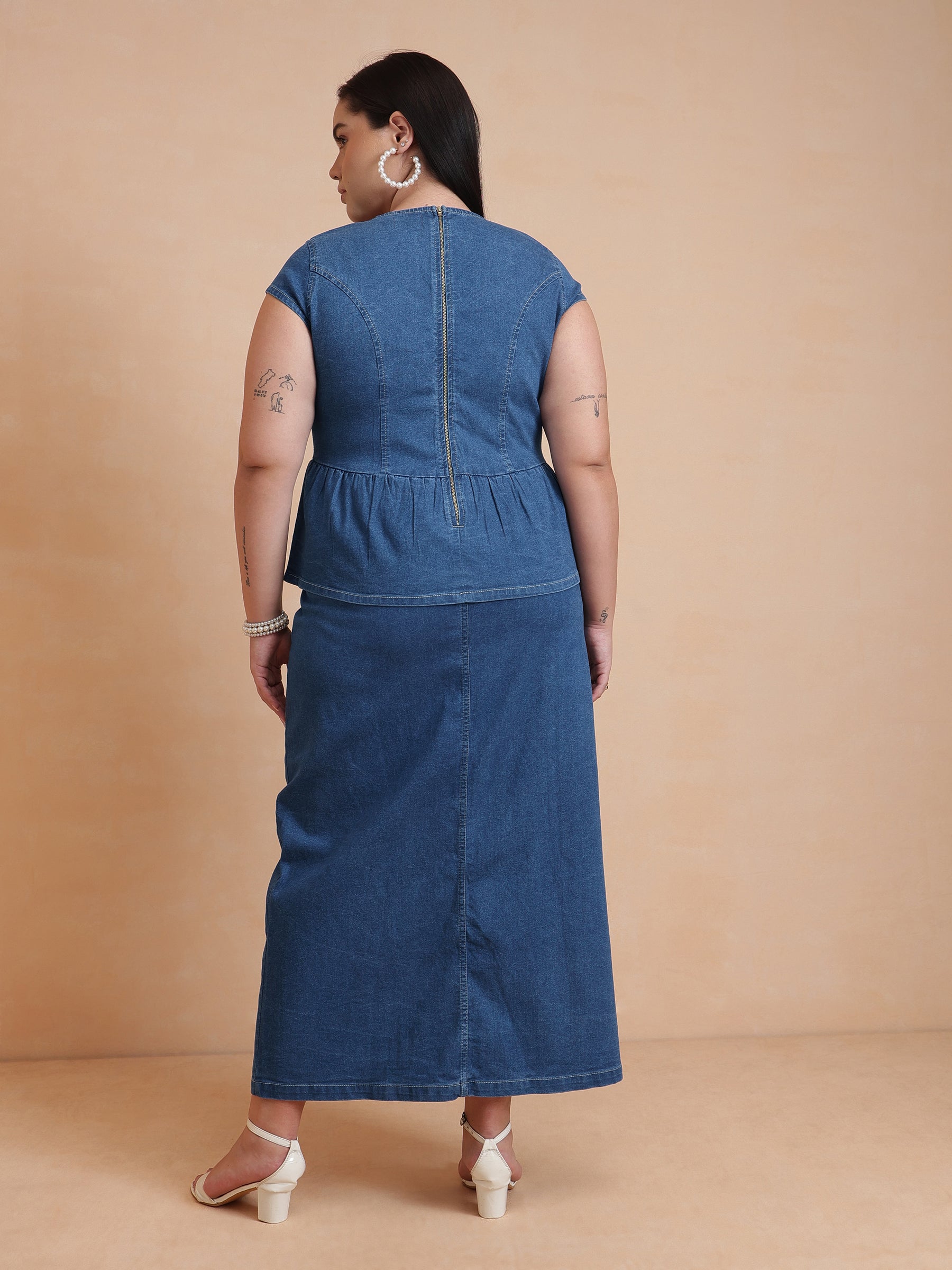 Women Blue Peplum Top With Denim Midi Skirt