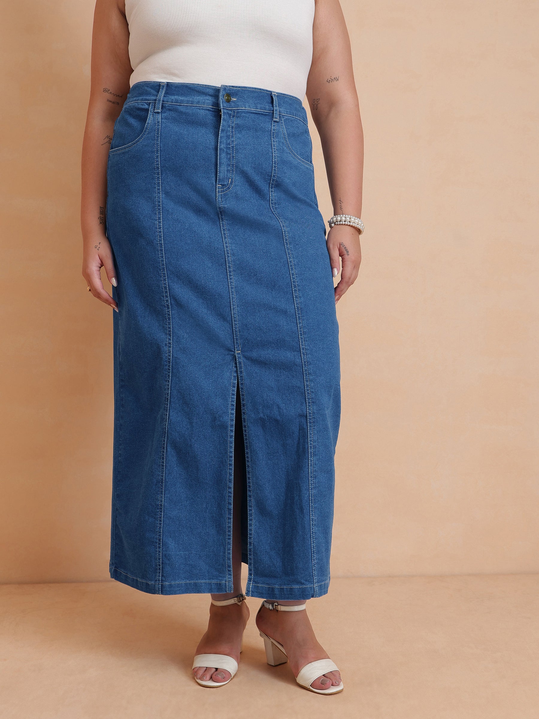 Women Blue Peplum Top With Denim Midi Skirt