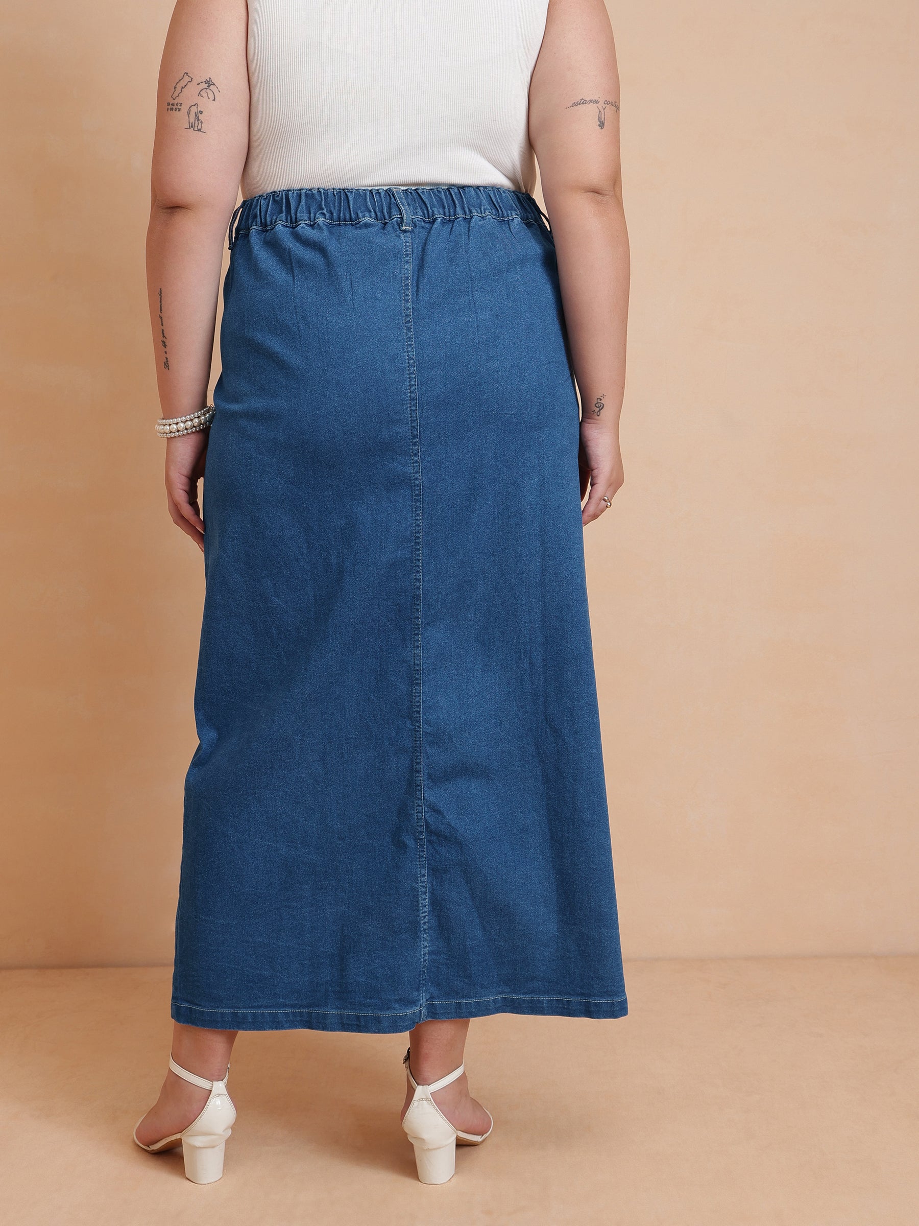 Women Blue Peplum Top With Denim Midi Skirt