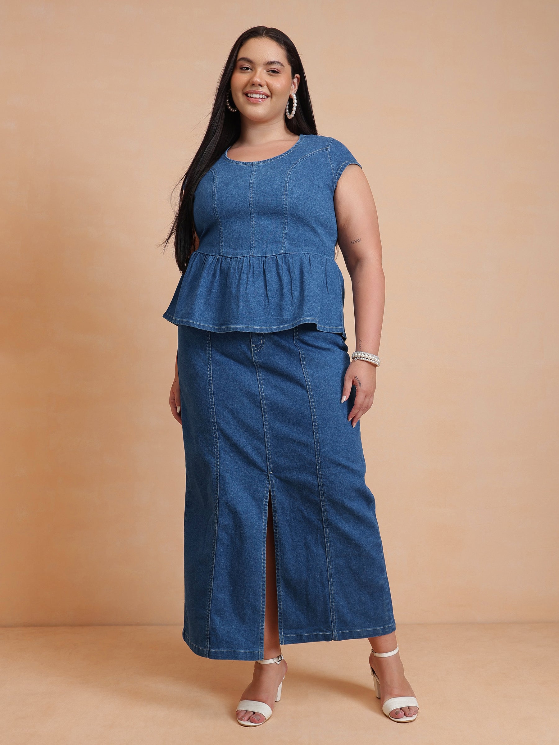 Women Blue Peplum Top With Denim Midi Skirt