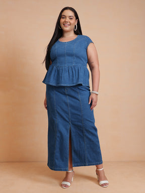 Women Blue Peplum Top With Denim Midi Skirt