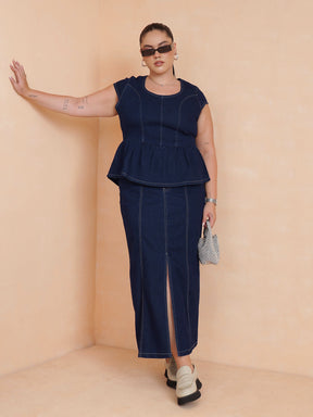 Navy Peplum Top With Denim Midi Skirt-SASSAFRAS Curve