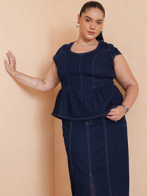 Navy Peplum Top With Denim Midi Skirt-SASSAFRAS Curve