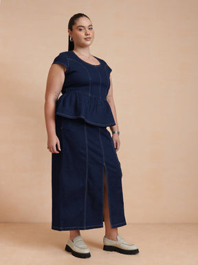 Navy Peplum Top With Denim Midi Skirt-SASSAFRAS Curve