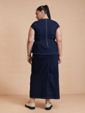Women Navy Peplum Top With Denim Midi Skirt